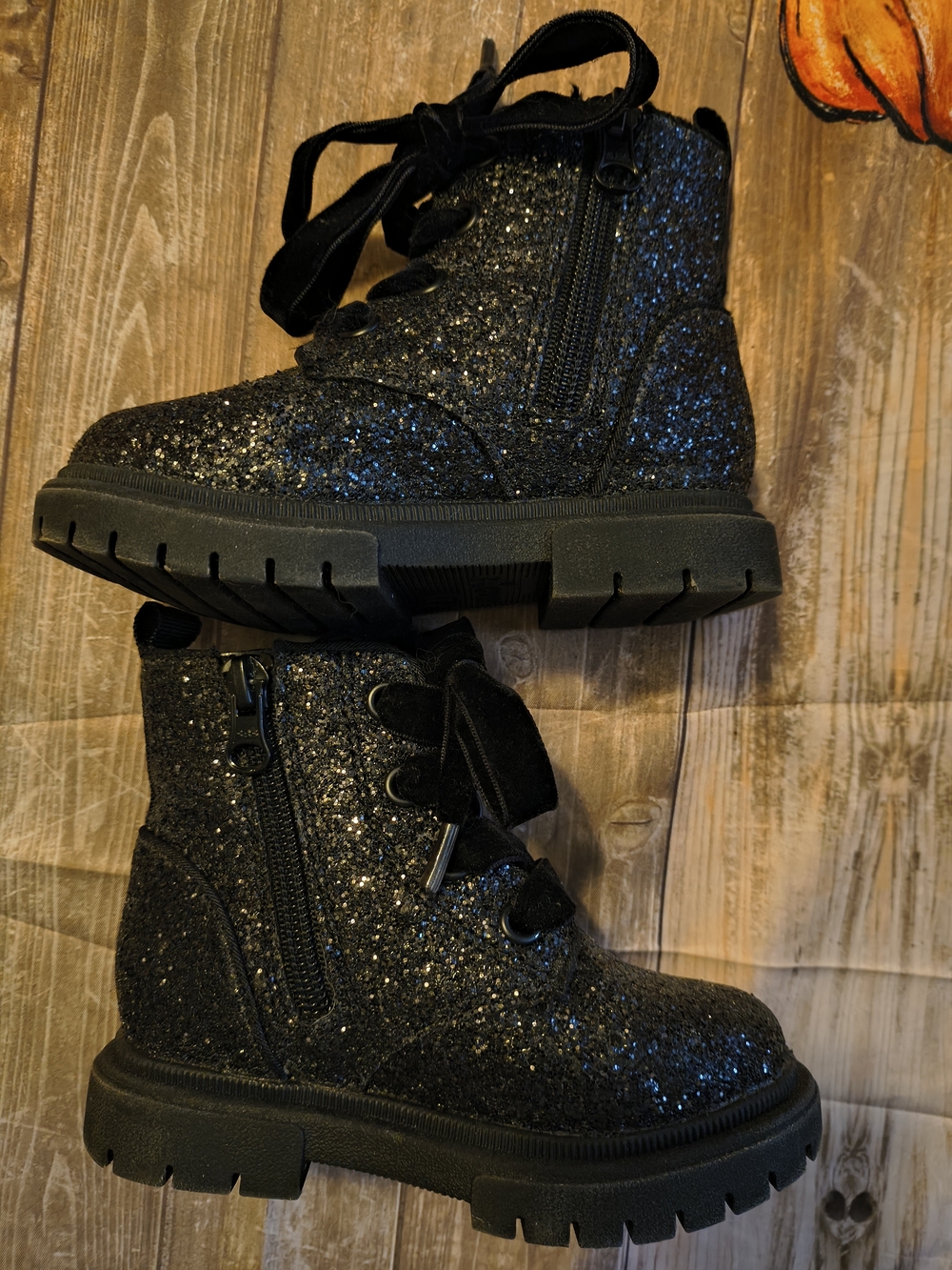 Toddler Girls' Black Glitter Lace-Up Ankle Boots with Side Zipper Size 7c